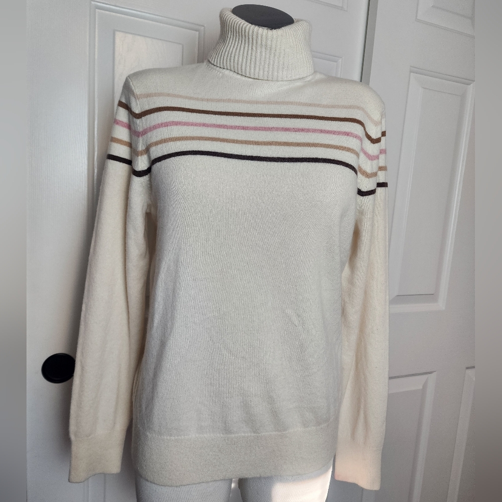 Lands' End 100% Cashmere Cream Women's Striped Turtleneck Sweater Size M  NWT